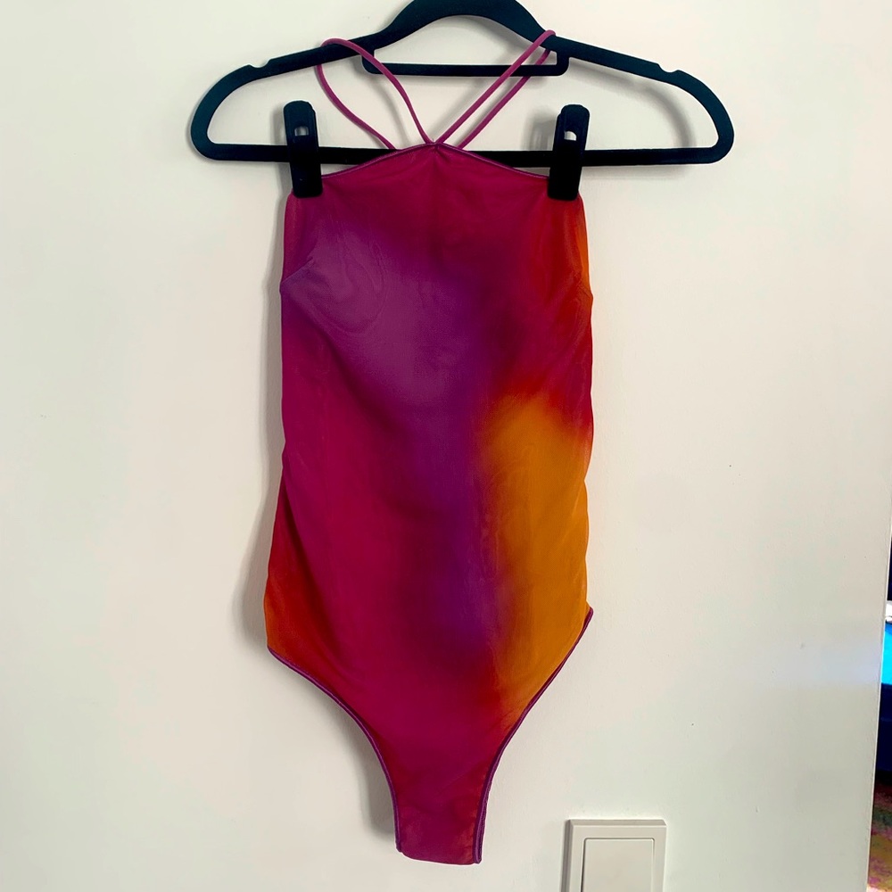 COPY - Tie-dye watercolor bodysuit or swimsuit with lace up crisscross b…